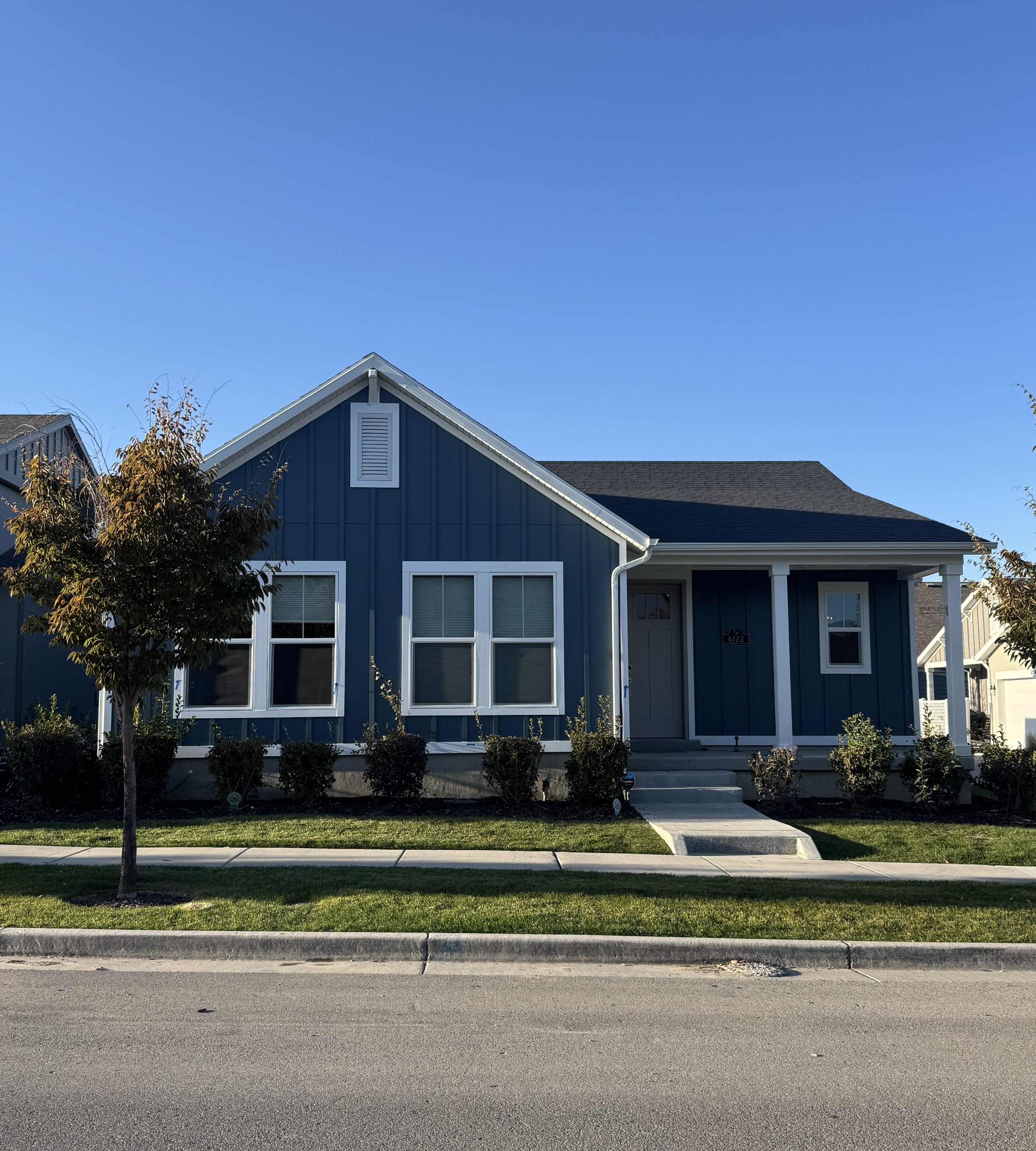 Blue board and batten home exterior